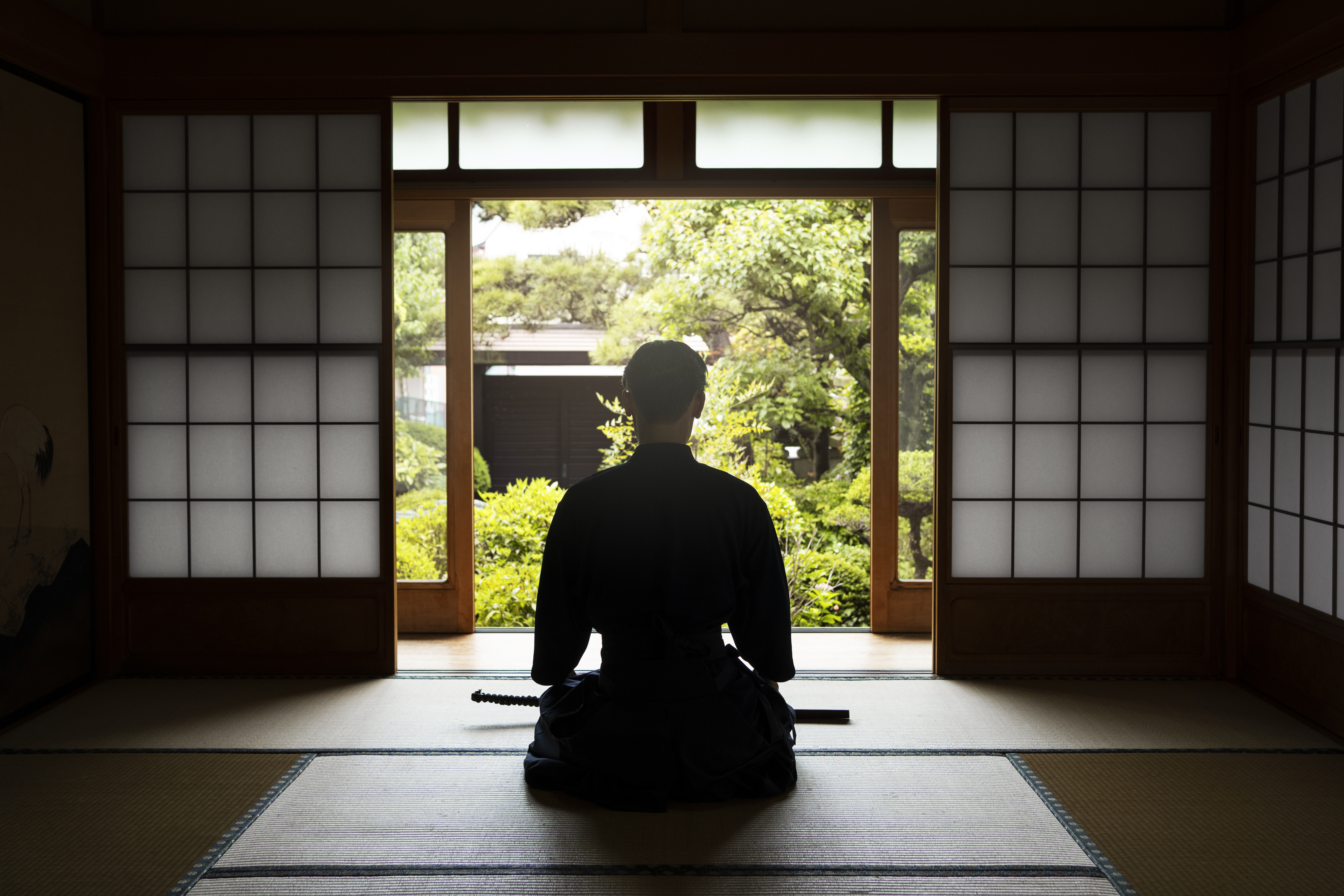 Japanese minimalism, a man doing za-zen.